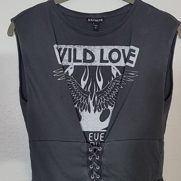 Express Wild Love Graphic Lace Up T-Shirt Size S Gray Grunge Y2K Goth Streetwear - Picture 2 of 11